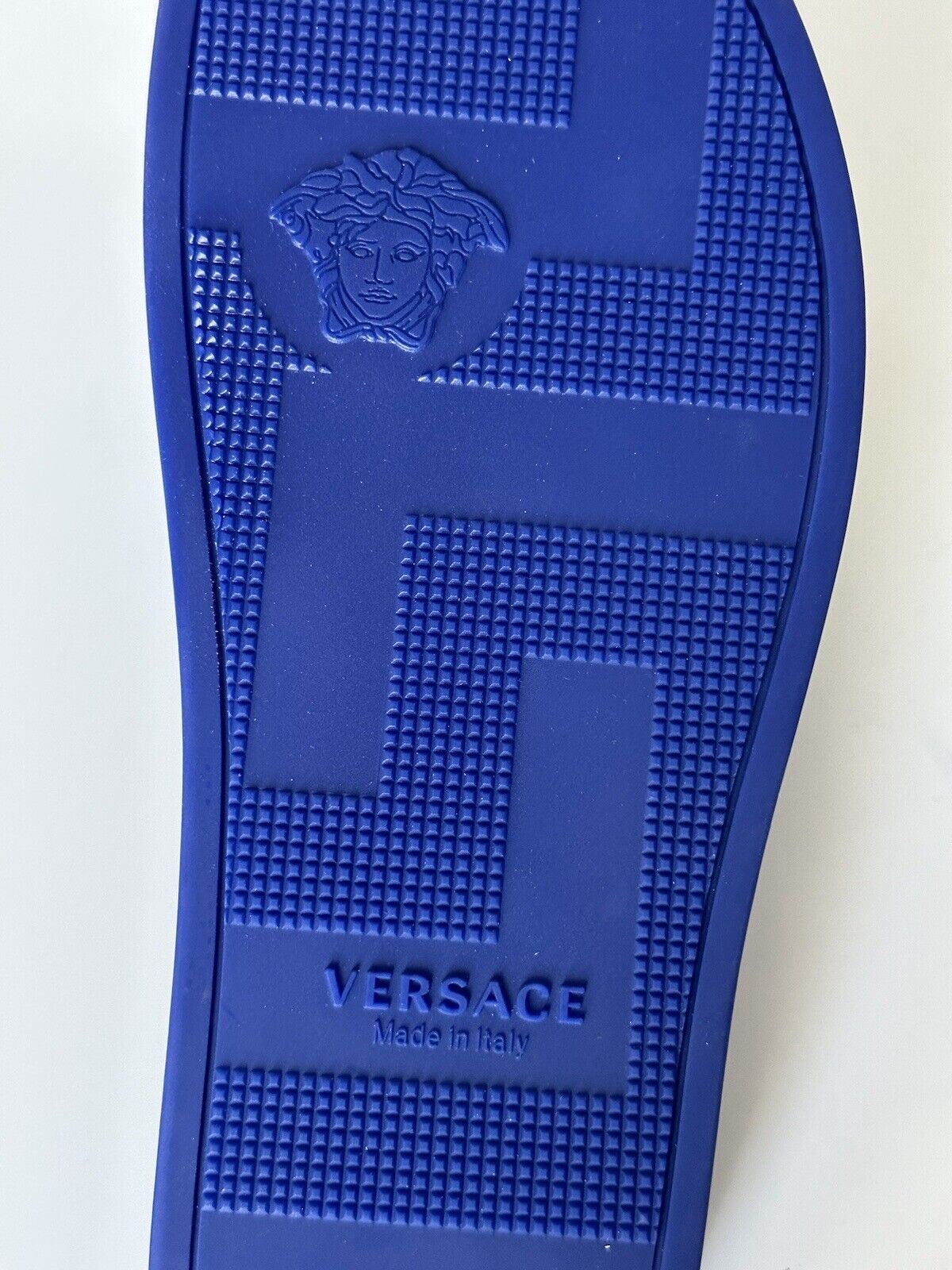 NIB $ 450 Versace Smiley Medusa Slides Sandalen Blau/Limette 13 US (46 Eu) DSU6516 IT 