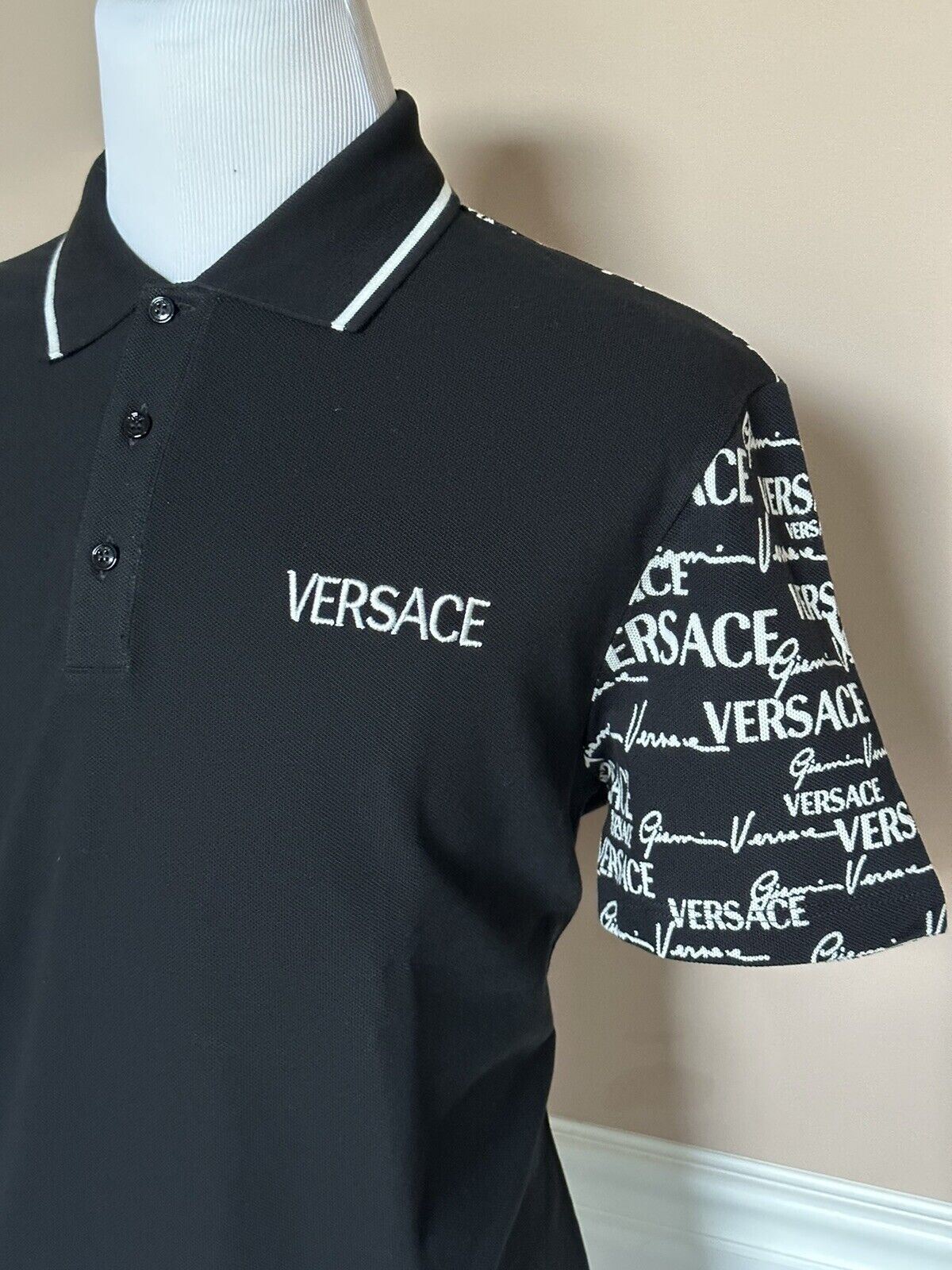 NWT $650 Versace Piquet Рубашка-поло из хлопкового джерси черного/белого цвета 5XL 1002755