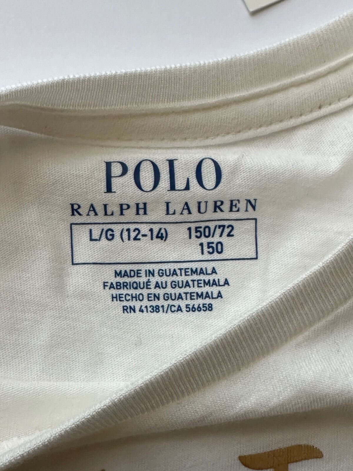 Neu mit Etikett: Polo Ralph Lauren Mädchen-T-Shirt aus weißer Baumwolle mit Bärenmotiv, Größe L/G (12–14) 
