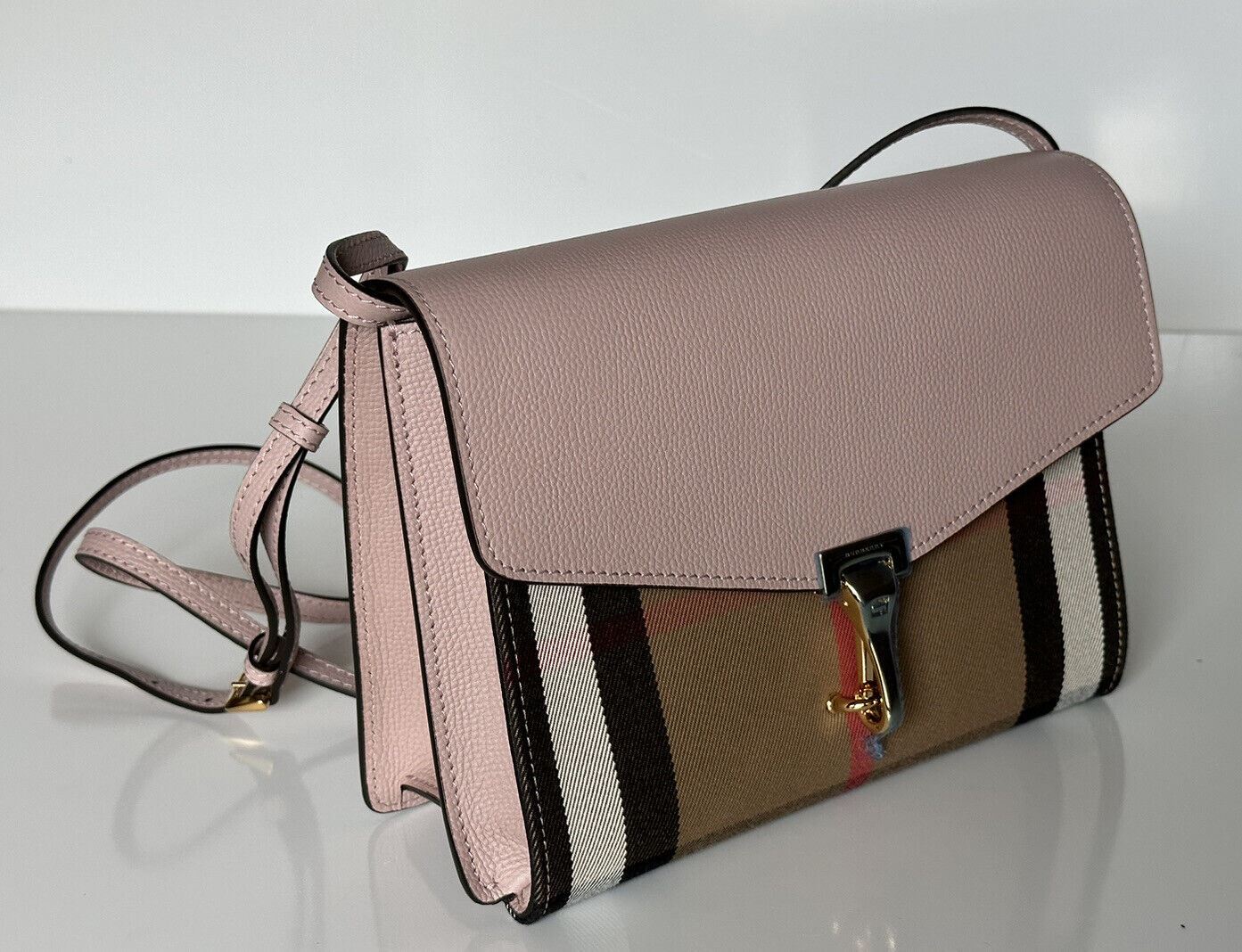 NWT Burberry Small Macken House Check Derby Leather Crossbody Bag Orchid 3997187