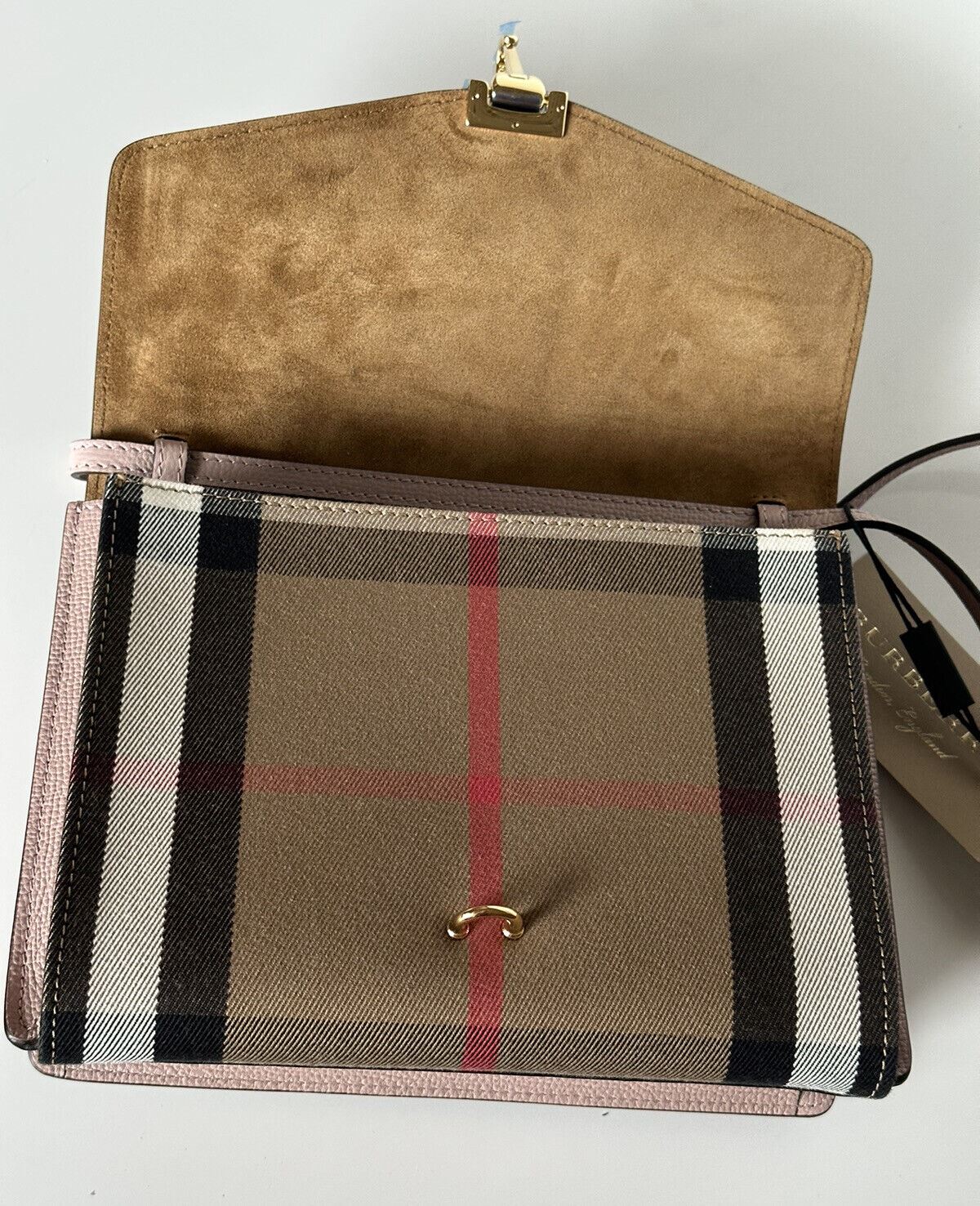NWT Burberry Small Macken House Check Derby Leather Crossbody Bag Orchid 3997187