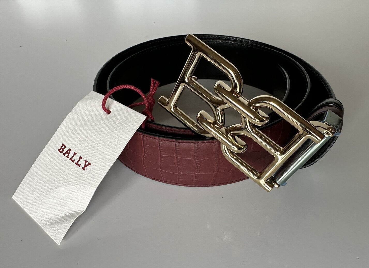 Neu mit Etikett: 325 $ Bally Herren-Gürtel mit doppelseitiger B-Kette, Heritage Red, 40/100, Italien, 630037 