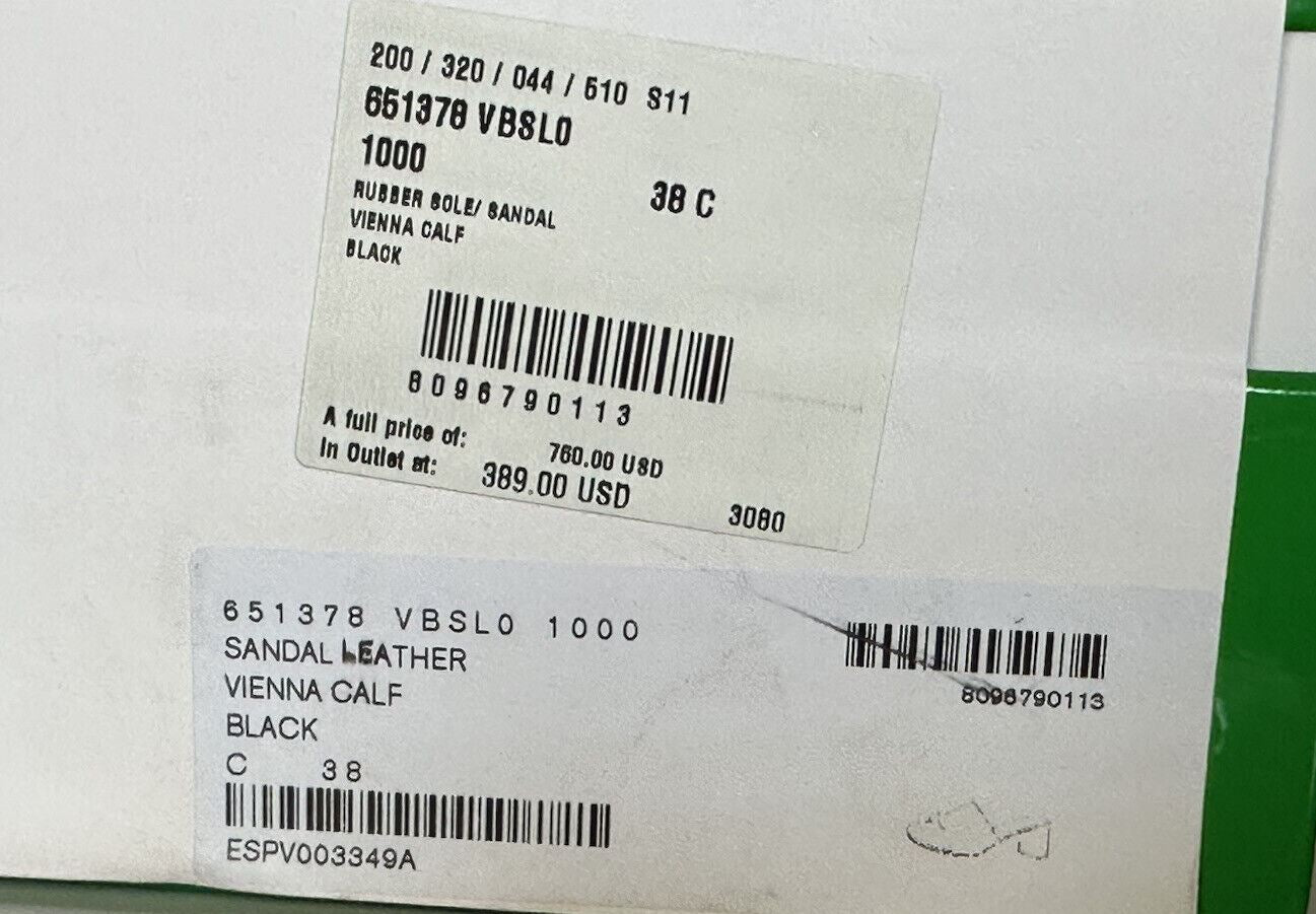 NIB $ 760 Bottega Veneta Kalbsleder Sandalen Schuhe Schwarz 8 US 651378 Italien 