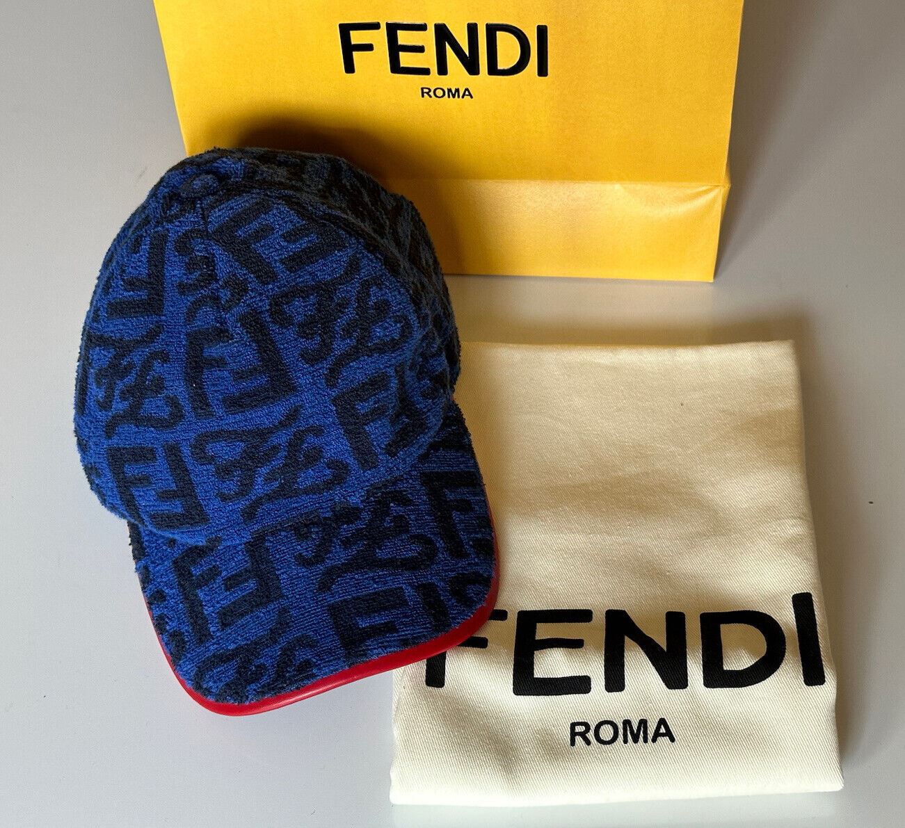 NWT $530 Fendi Terry Cloth Baseball Cap Blue/Red Hat Made in Italy FXQ776