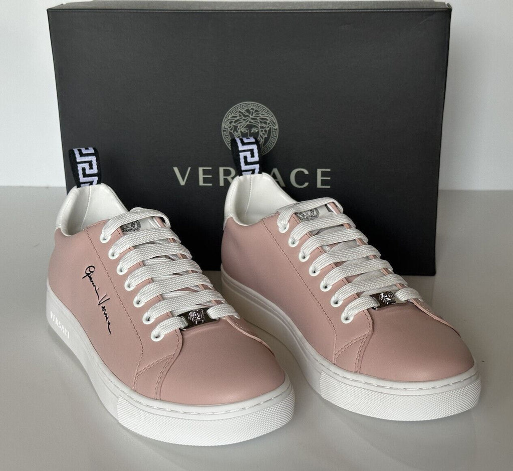 СПИ $750 Versace Low Top Румяные/белые кожаные кроссовки 8 США (38 евро) 1002773 