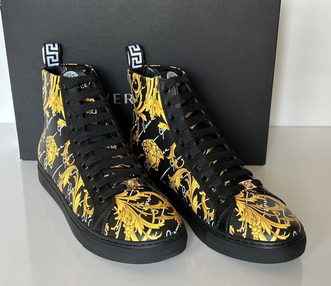 NIB $950 Versace Leather Medusa Baroque Black High-top Sneakers 11 (44) 1002782