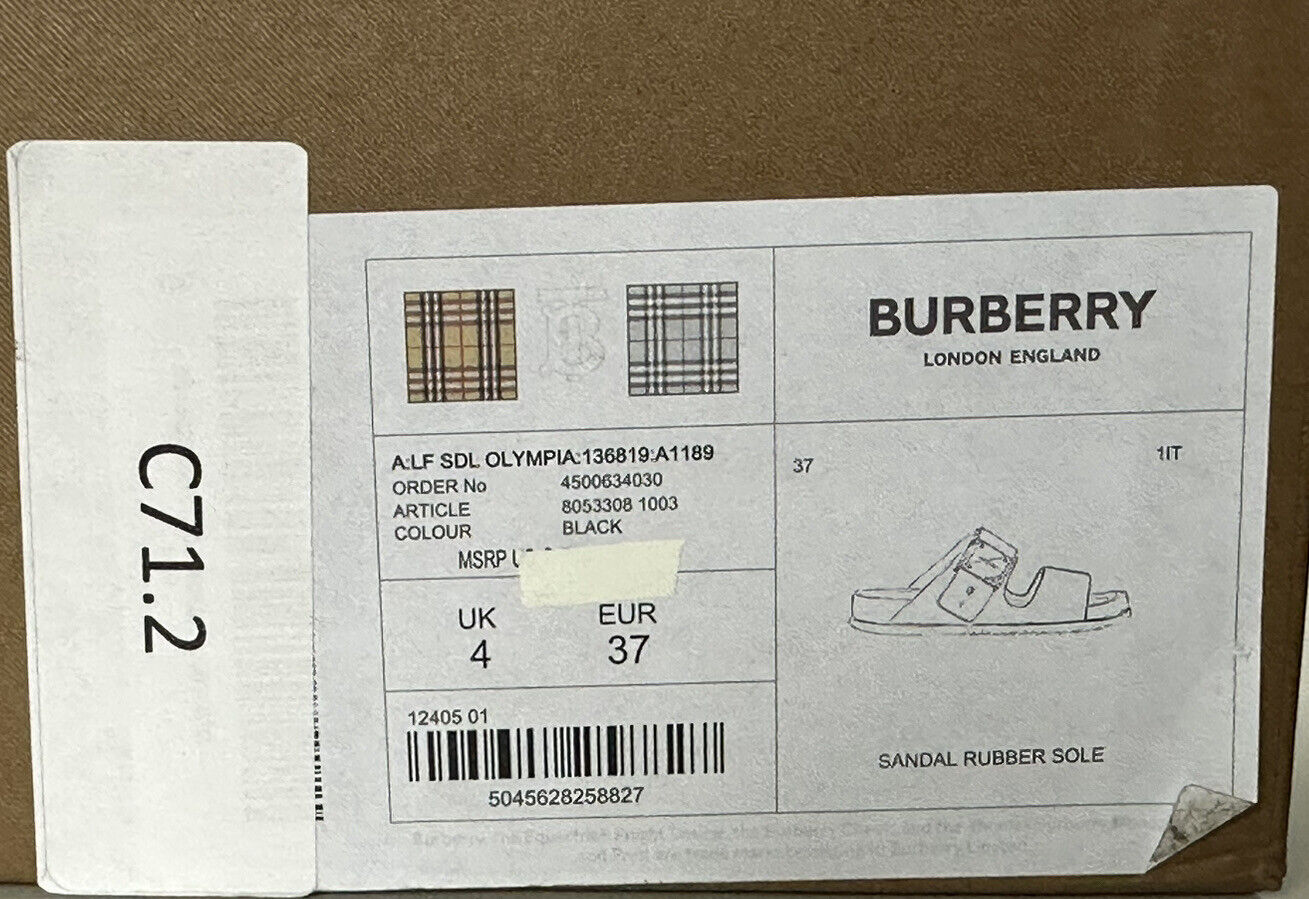 NIB $ 770 Burberry Olympia Damen-Sandalen in glänzendem Schwarz 7 US (37) 8053308 Italien 