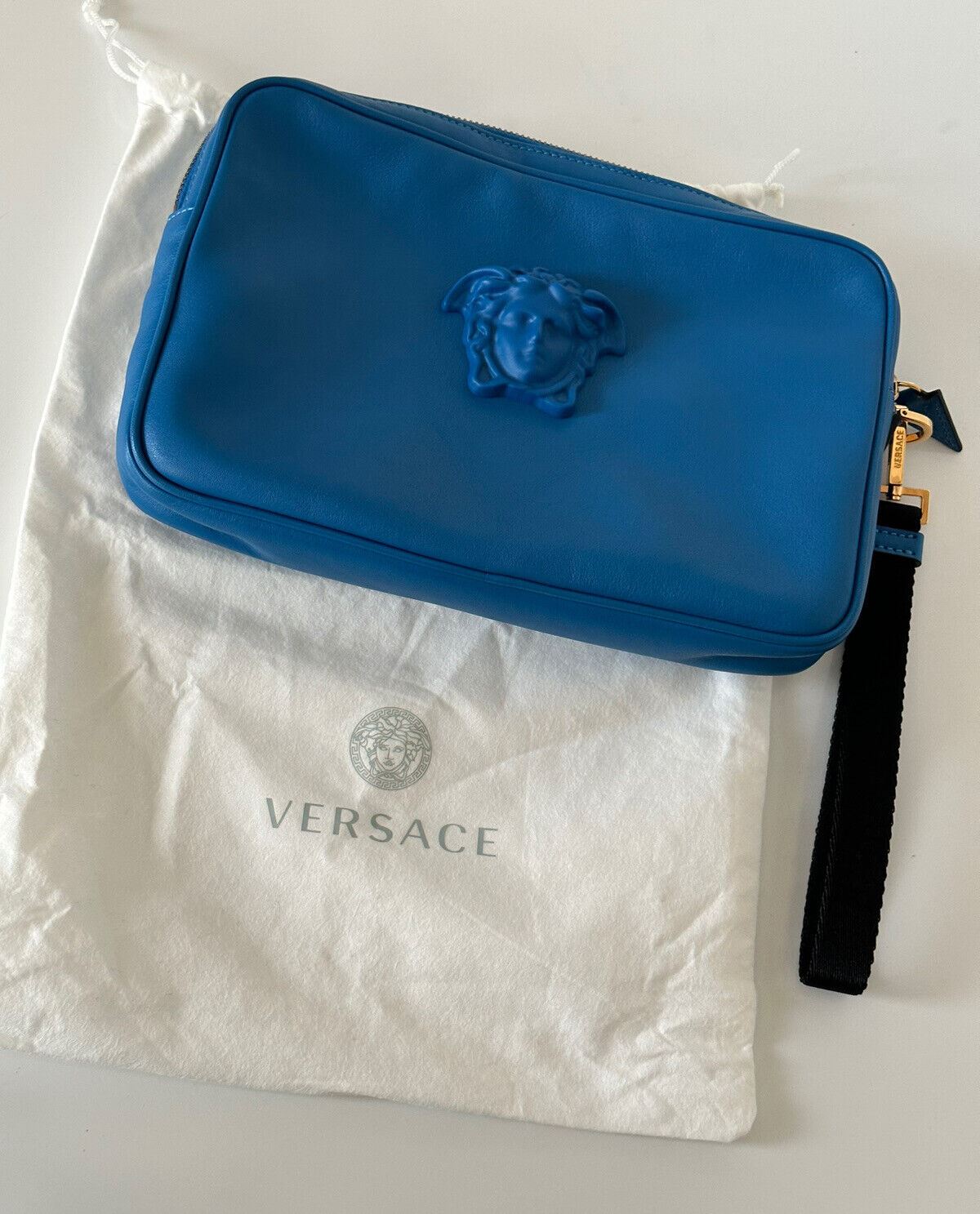 NWT $1125 Versace Medusa Head Leather Blue Clutch Bag DP88507 Made in Italy