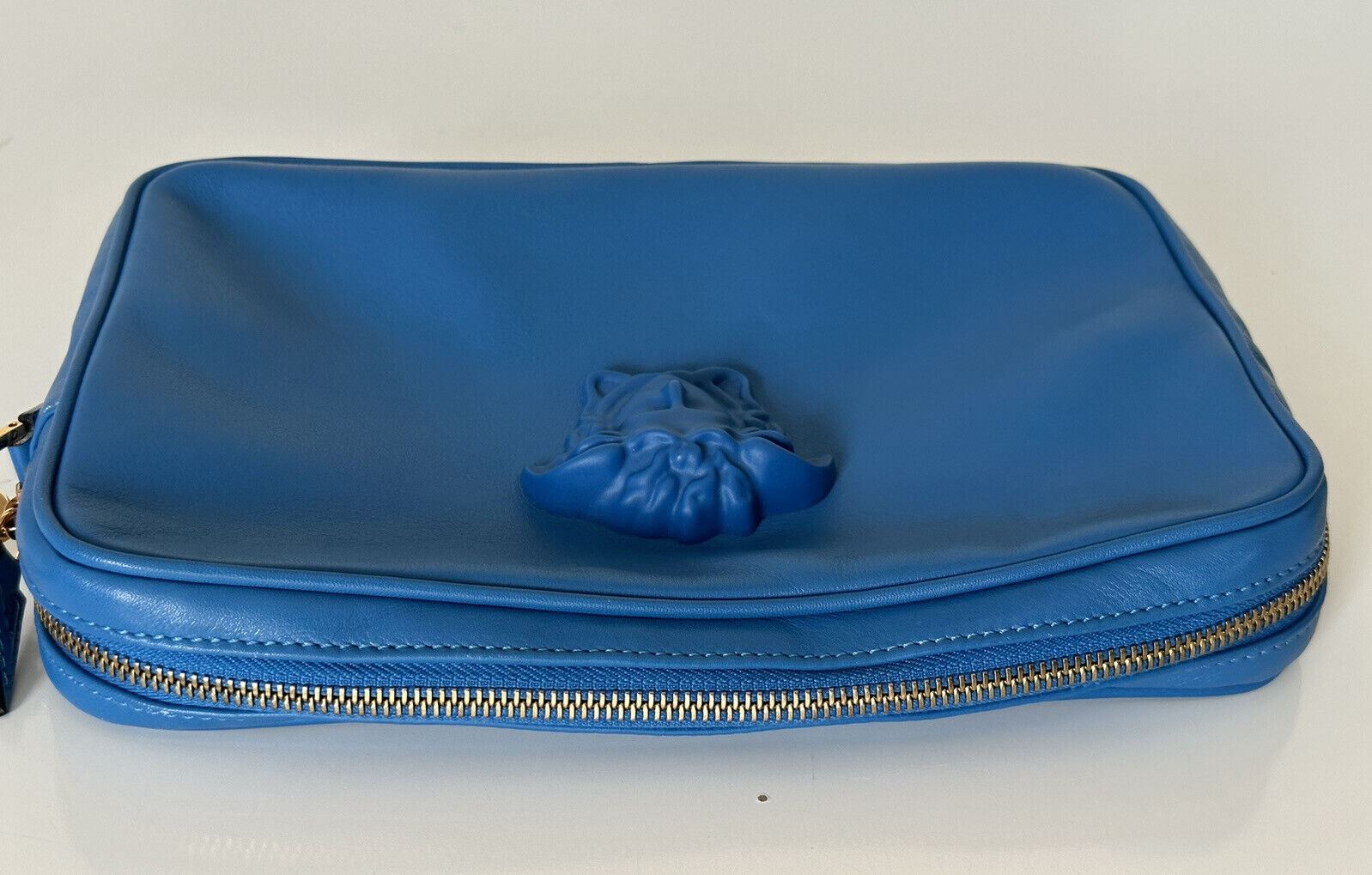 NWT $1125 Versace Medusa Head Leather Blue Clutch Bag DP88507 Made in Italy