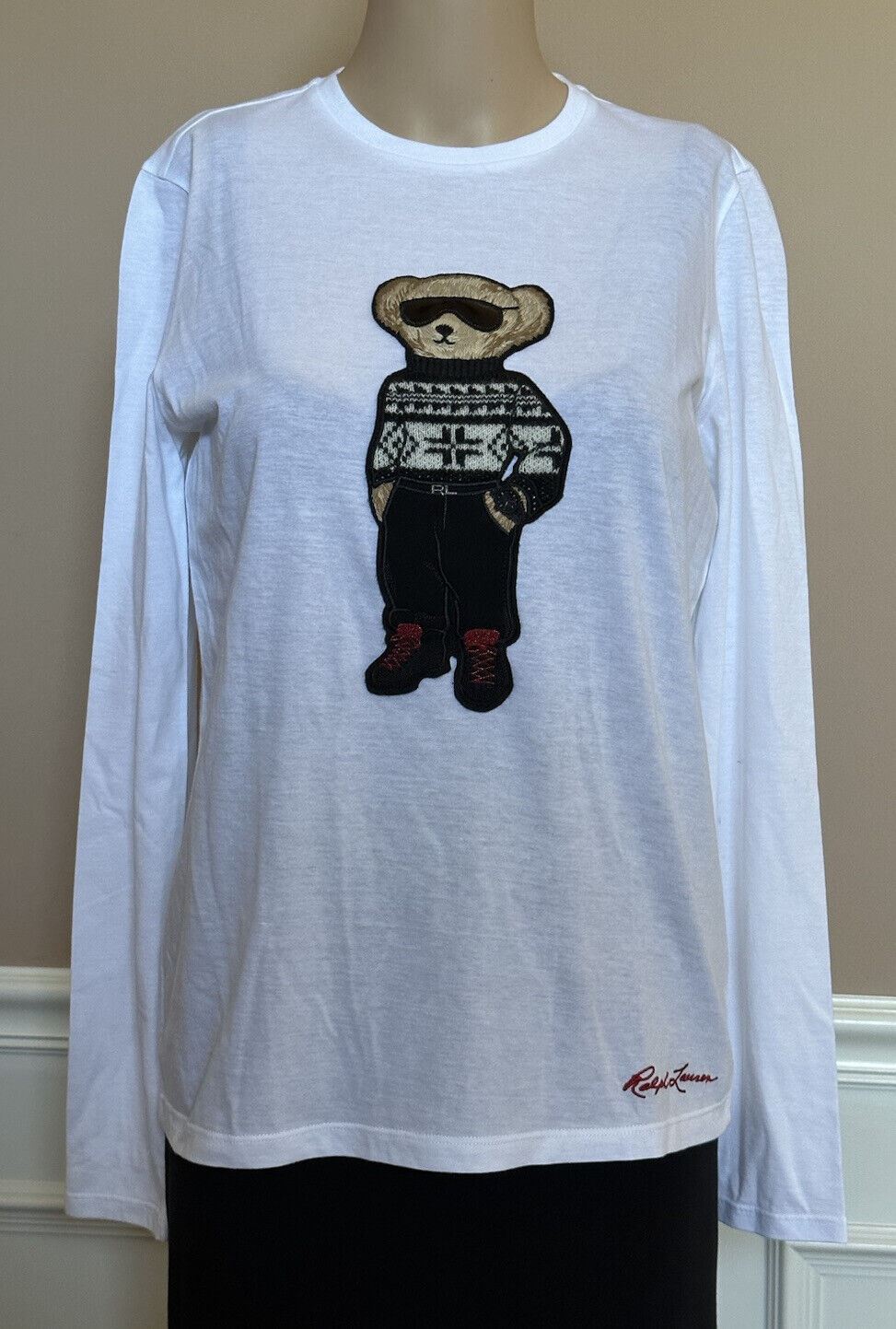 Белая футболка с длинными рукавами Polo Ralph Lauren Purple Label Bear S IT, NWT $450