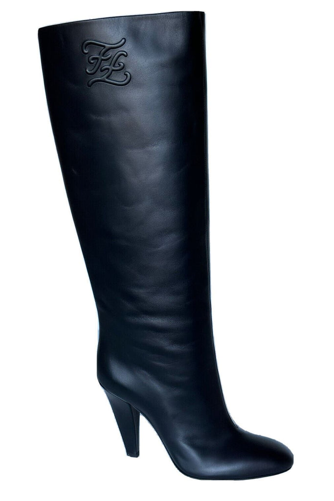 NIB $1550 Fendi Karligraphy Leather Knee Height Black Boots 8 US (38 Eu) 8W8223