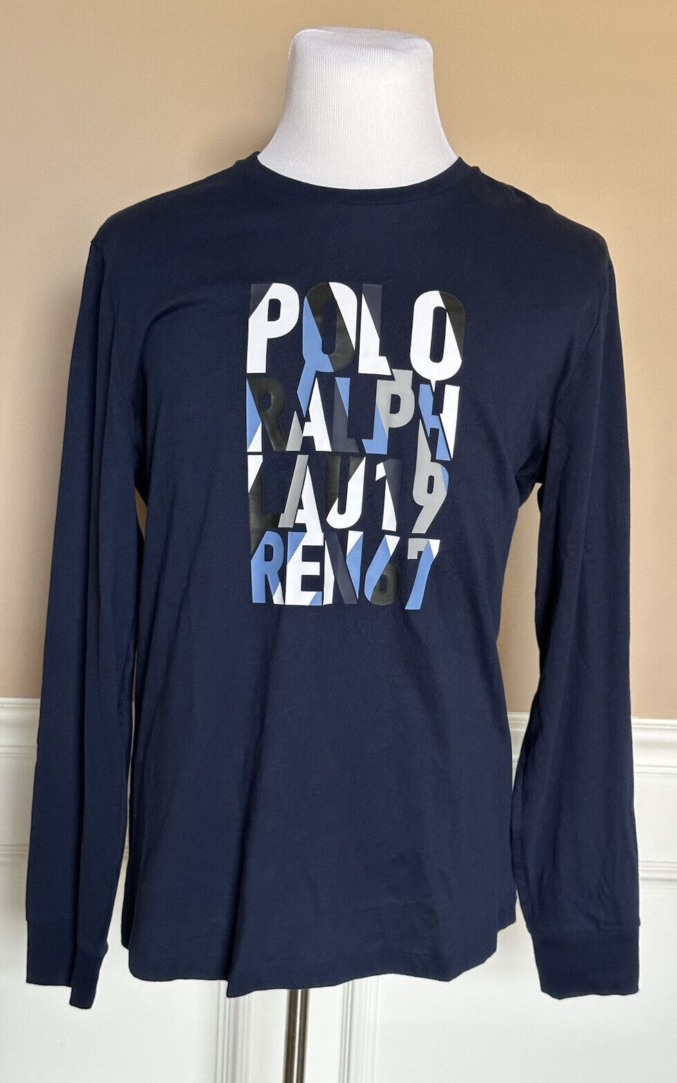 Neu mit Etikett: 75 $ Polo Ralph Lauren Logo Langarm-T-Shirt aus Baumwolle mit Rundhalsausschnitt Blau M 