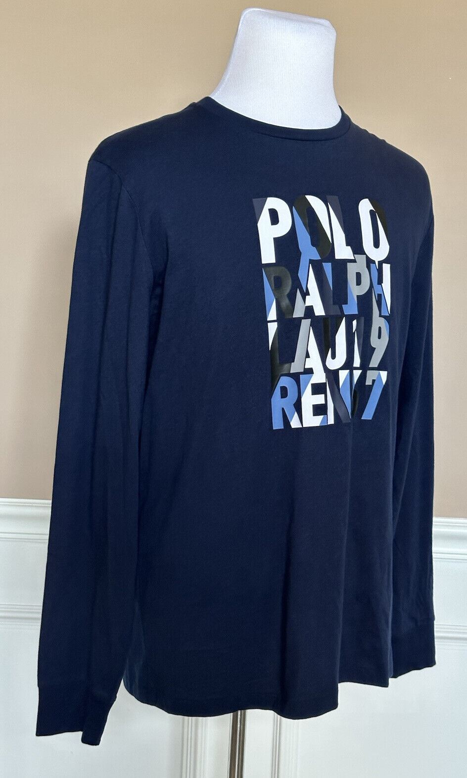 Neu mit Etikett: 75 $ Polo Ralph Lauren Logo Langarm-T-Shirt aus Baumwolle mit Rundhalsausschnitt Blau M 