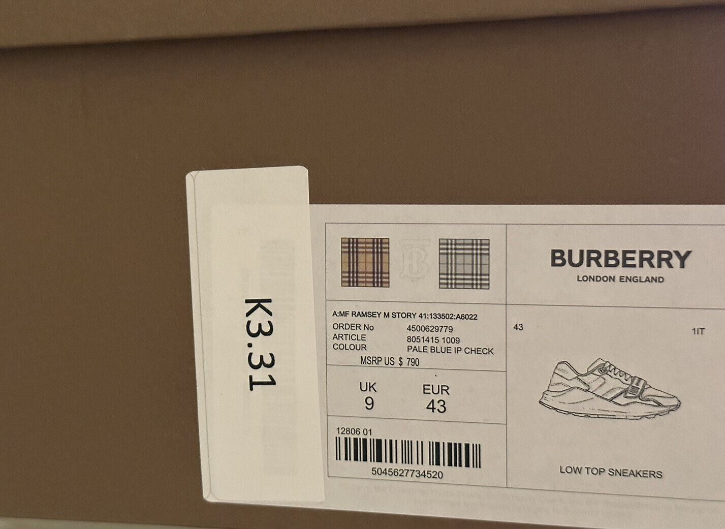 NIB $790 Burberry Men's Ramsey Pale Blue Sneakers 10 US (43 Euro) 8051415 IT