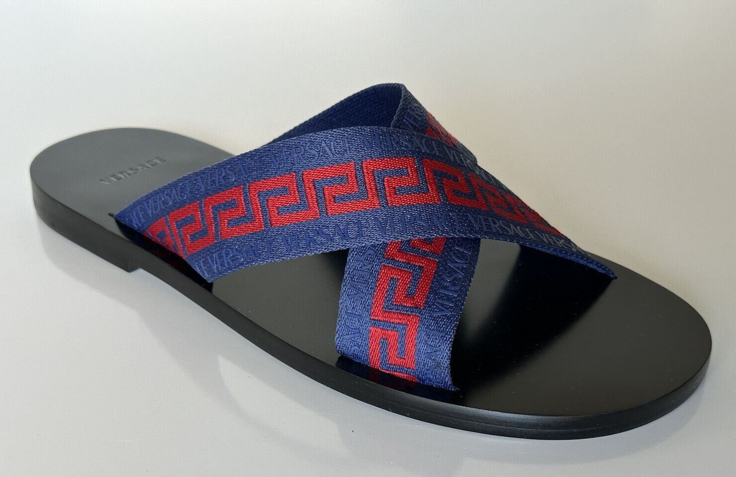 NIB Versace Greca Crisscross Blau/Rot Slides Sandalen 8 US (41 Euro) 1006273 