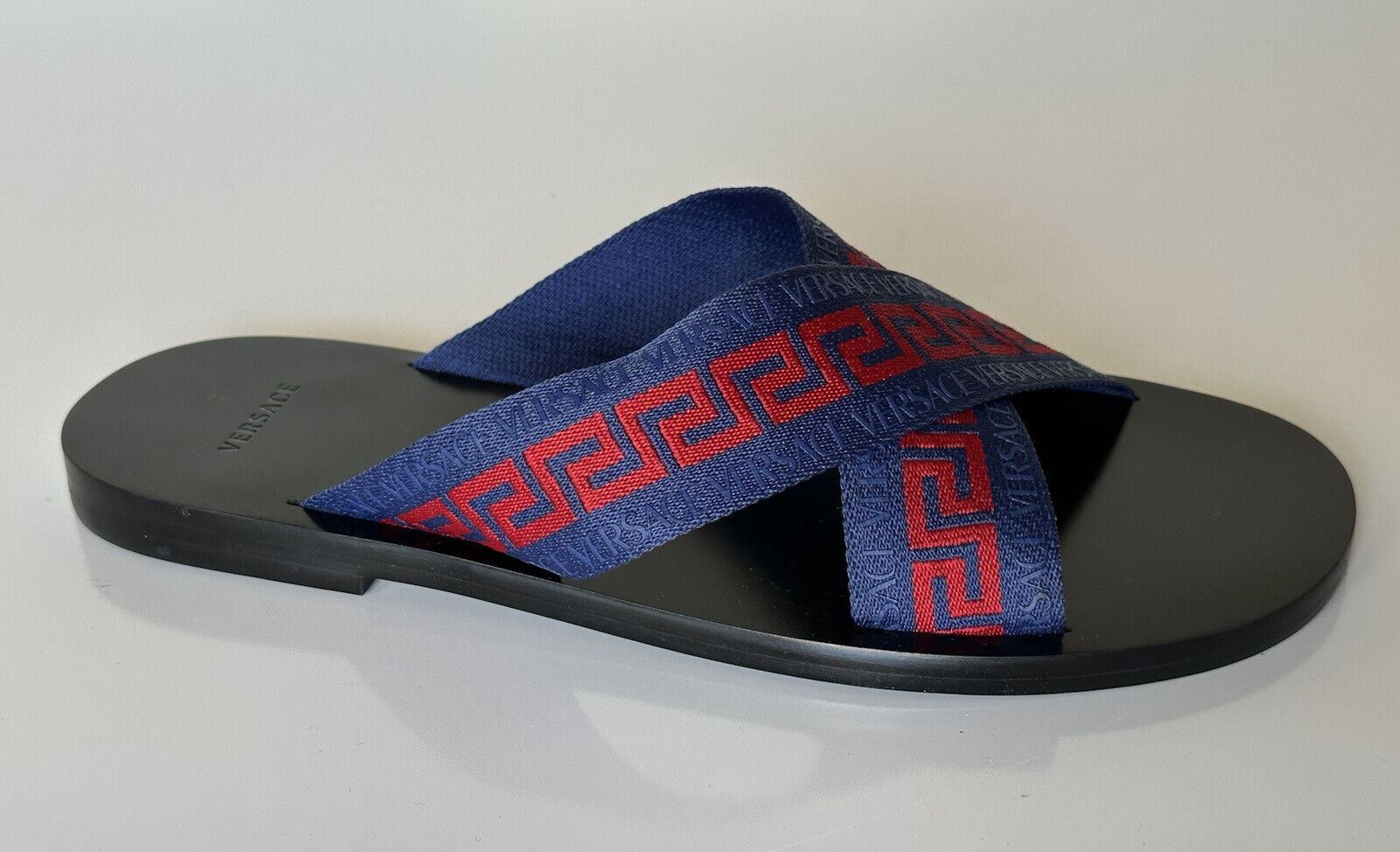 NIB Versace Greca Crisscross Blau/Rot Slides Sandalen 8,5 US (41,5 Euro) 1006273 