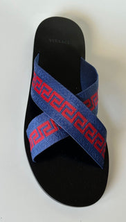 NIB Versace Greca Crisscross Blue/Red Slides Sandals 8.5 US (41.5 Euro) 1006273