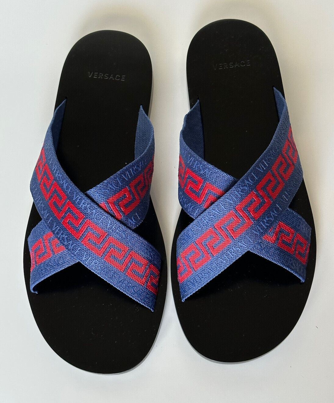 NIB Versace Greca Crisscross Blau/Rot Slides Sandalen 8,5 US (41,5 Euro) 1006273 