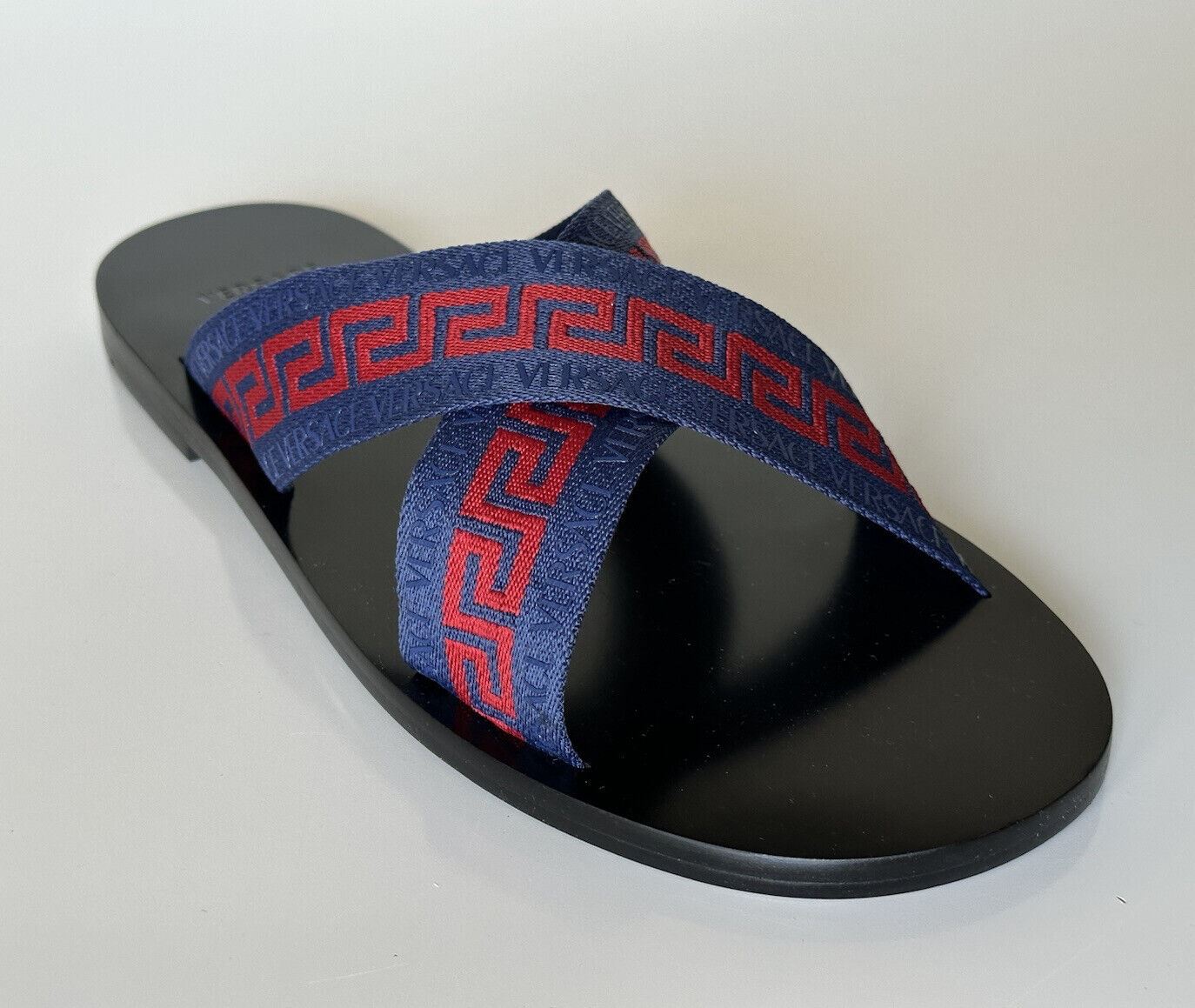 NIB Versace Greca Crisscross Blue/Red Slides Sandals 9.5 US (42.5 Euro) 1006273