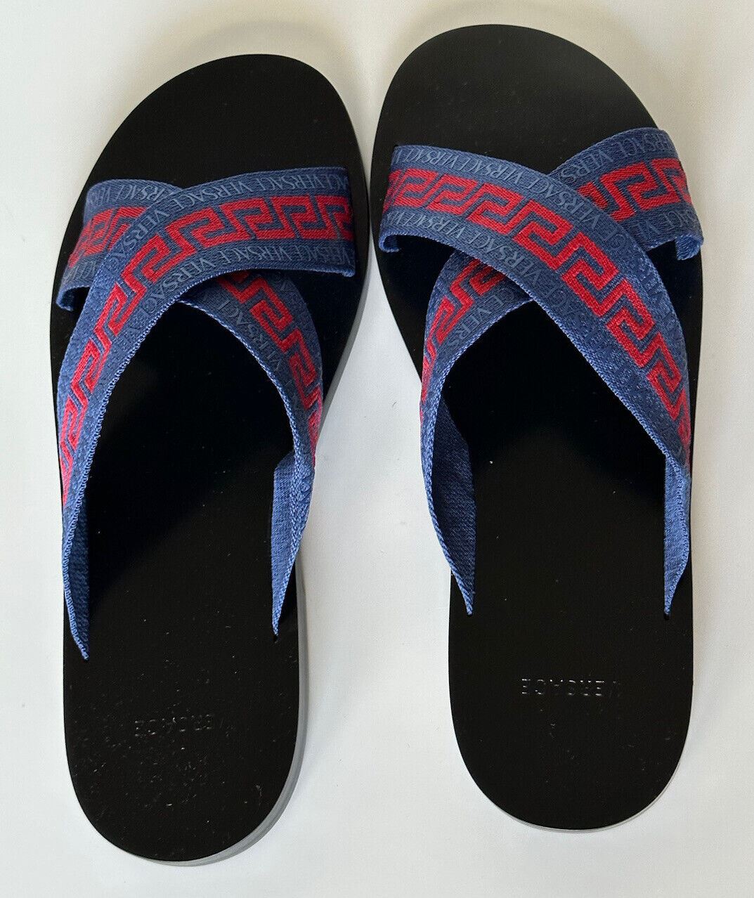 NIB Versace Greca Crisscross Blue/Red Slides Sandals 9.5 US (42.5 Euro) 1006273