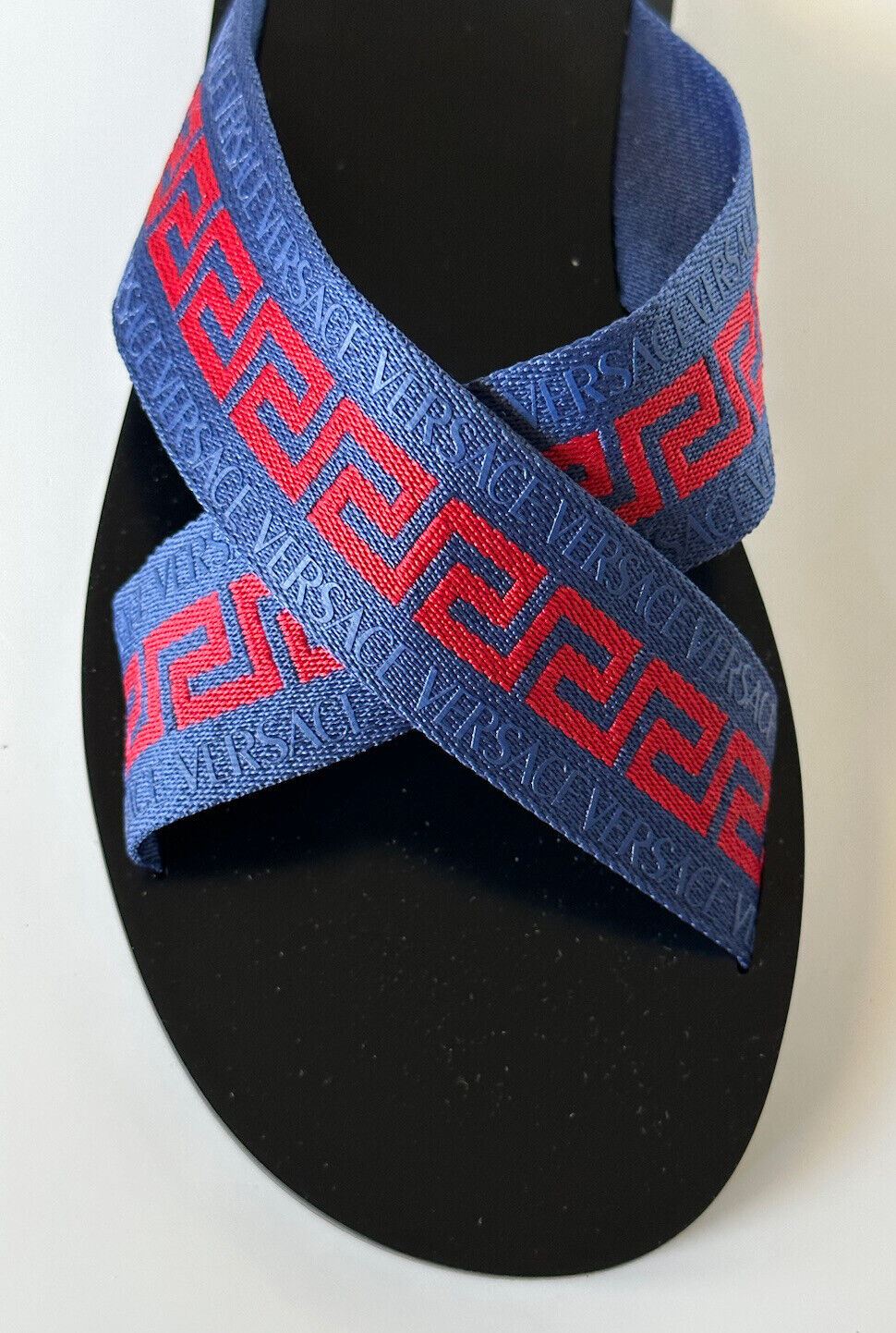 NIB Versace Greca Crisscross Blau/Rot Slides Sandalen 11 US (44 Euro) 1006273 