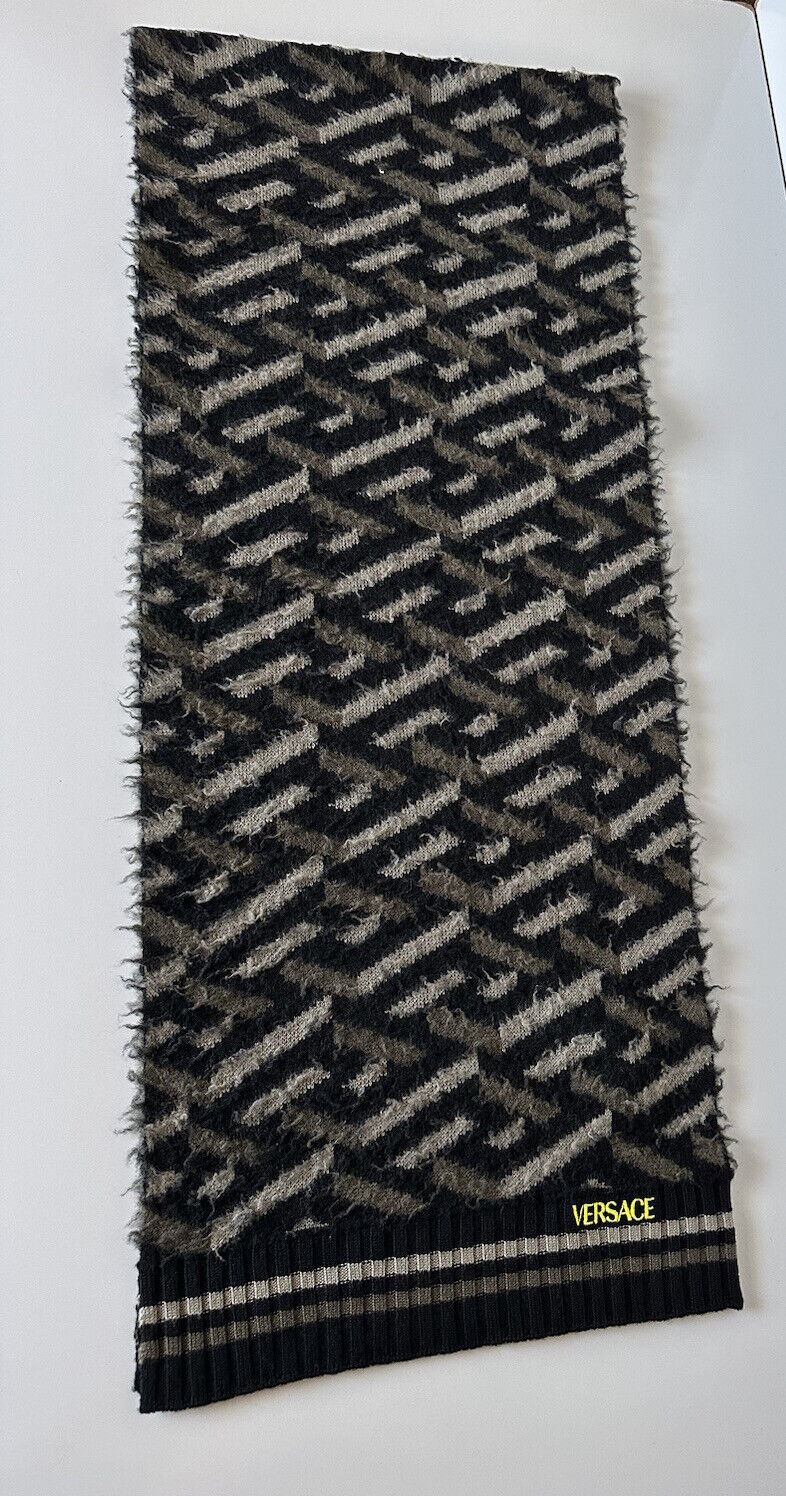 NWT $595 Шарф Versace Knit из жаккардовой шерсти с начесом, черный/серый, 14Wx72L IT 1002258 