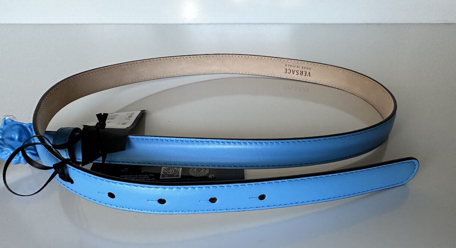 NIB $425 Versace Medusa-Buckle Blue Slim Leather Belt 95 (38) IT DCDI145