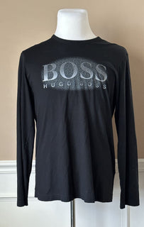 Мужские хлопковые черные футболки с длинным рукавом Hugo Boss с логотипом современного кроя, L