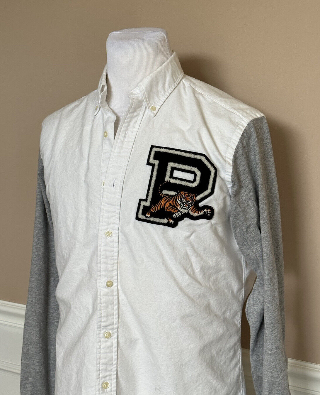 Polo Ralph Lauren Men's Tiger White/Grey Long Sleeve Shirt Large