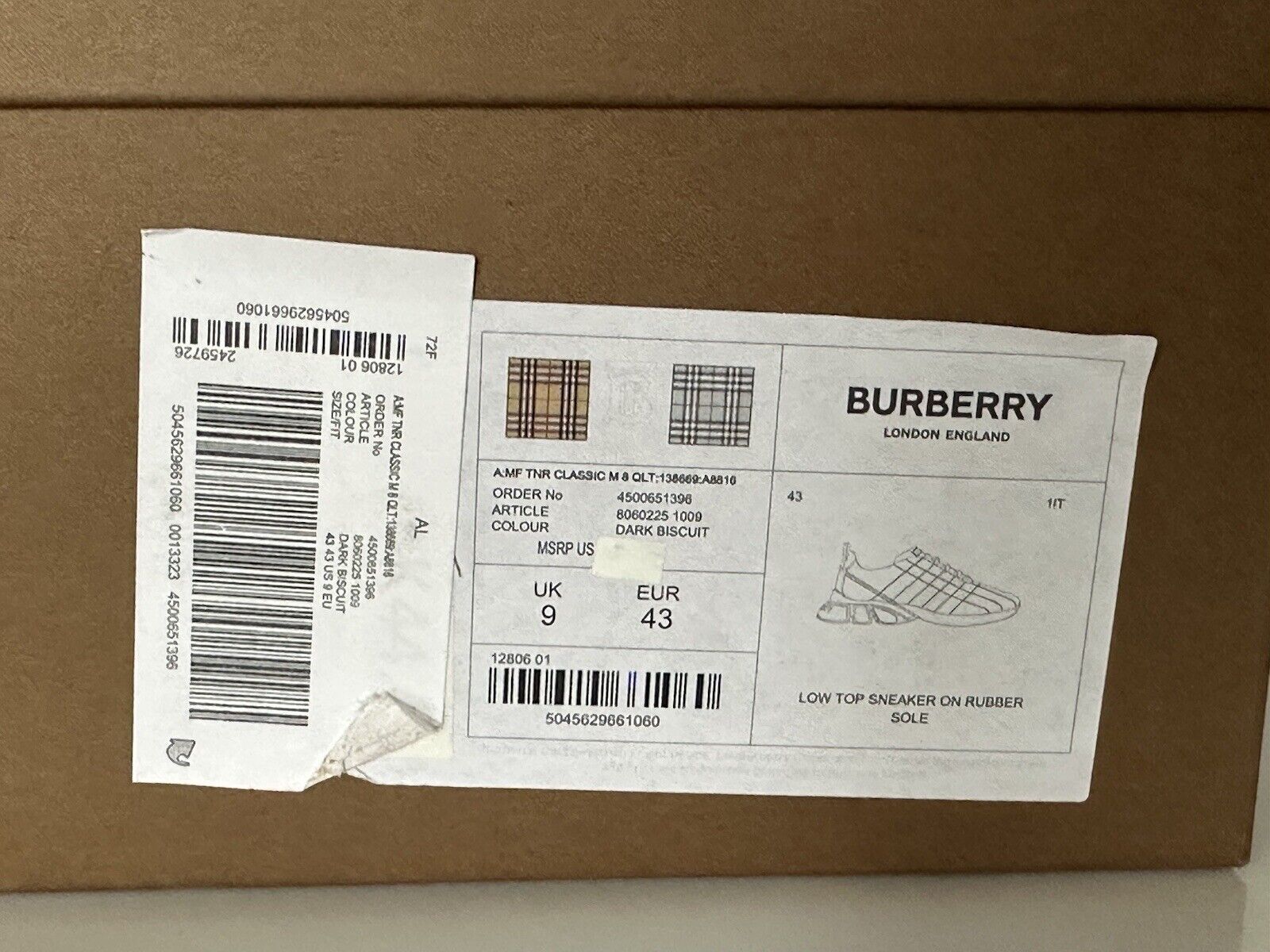 NIB $850 Burberry Quilted Dark Biscuit Leather Sneakers 10 US (43 Eu) 8060225 IT