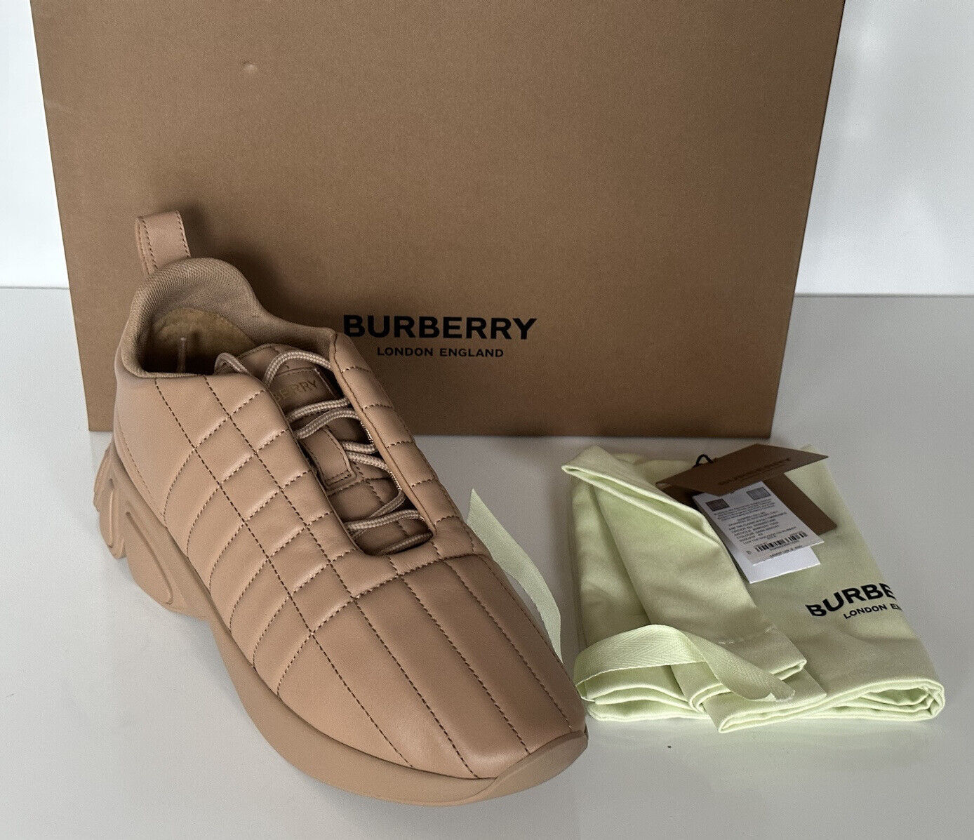 NIB $850 Burberry Quilted Dark Biscuit Leather Sneakers 10 US (43 Eu) 8060225 IT