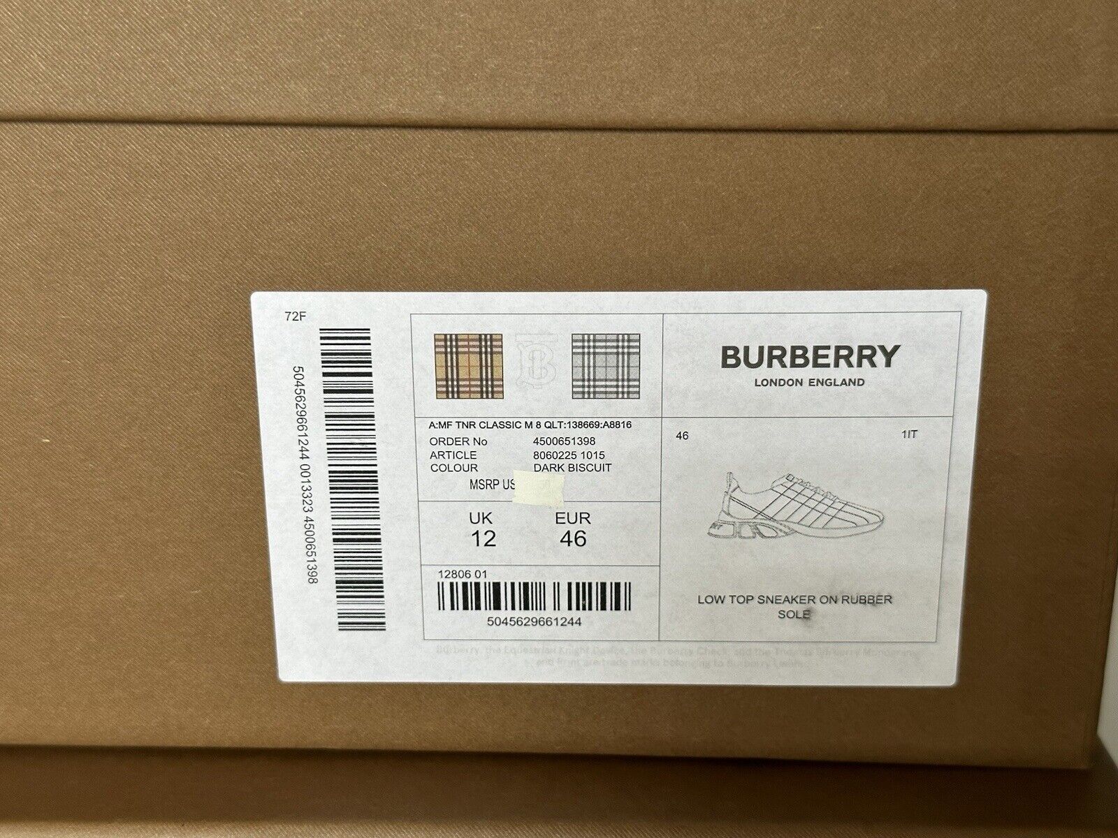 NIB $850 Burberry Quilted Dark Biscuit Leather Sneakers 13 US (46 Eu) 8060225 IT