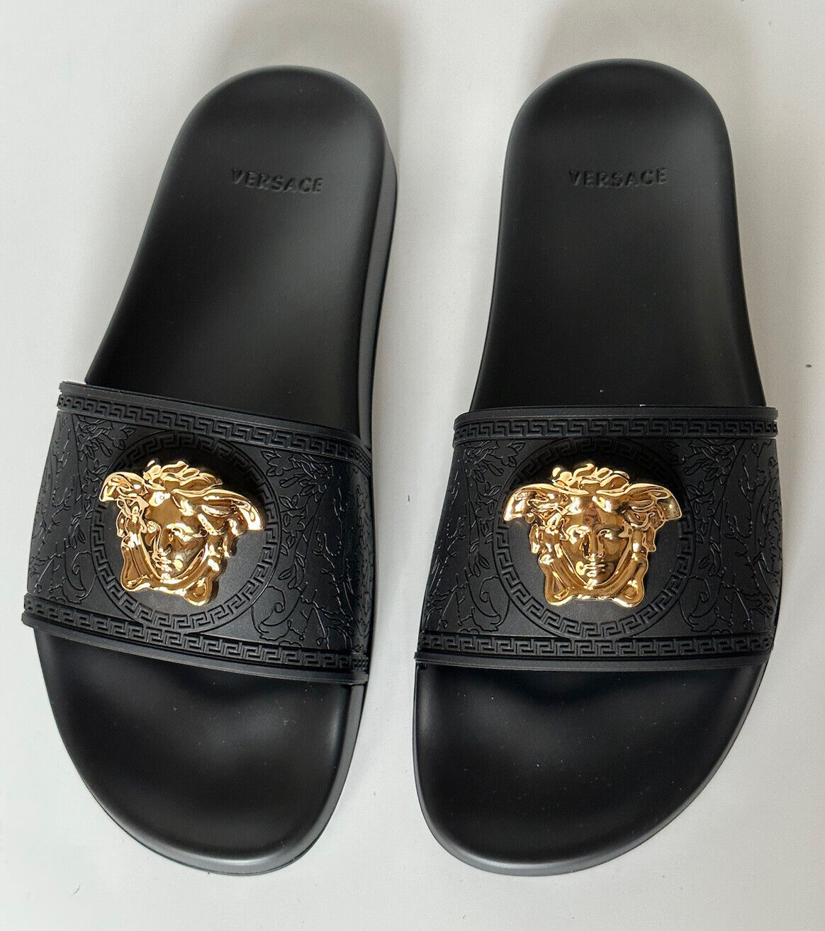 NIB $450 Versace Gold Medusa Head Slides Sandaals Black 10 US (40 Euro) Italy