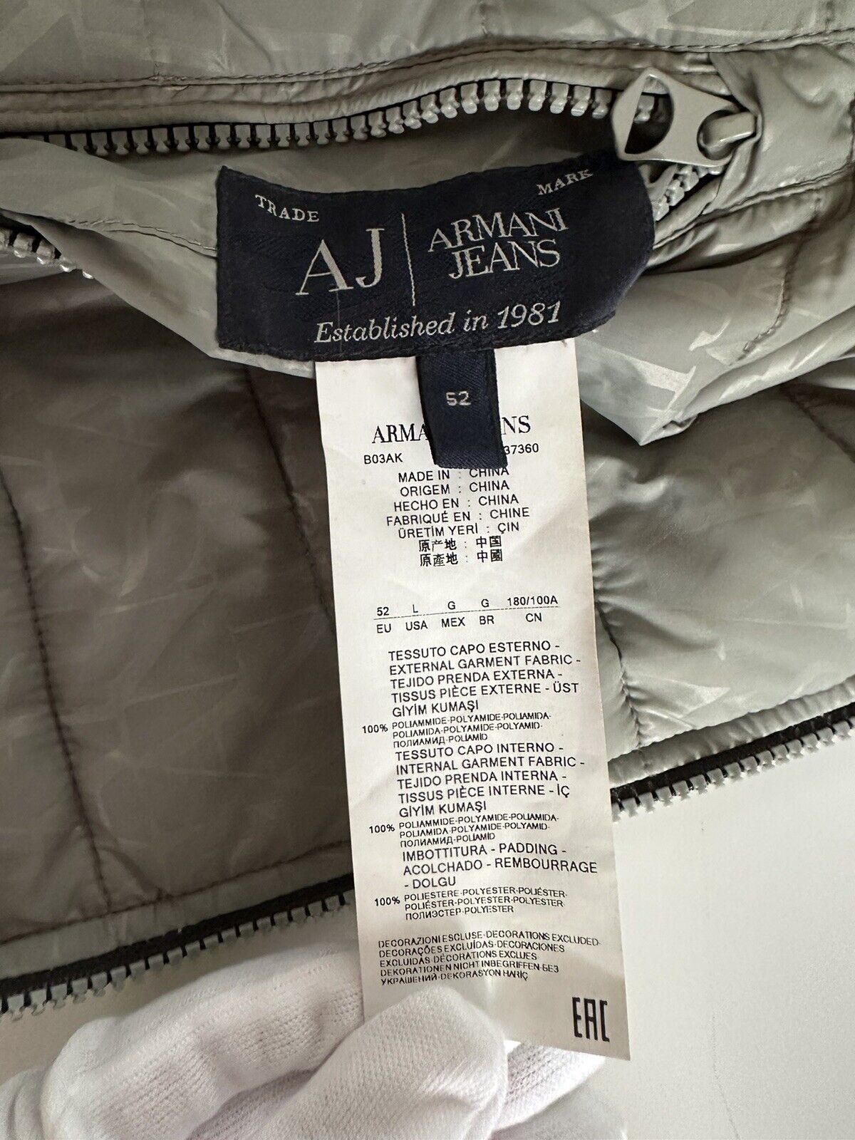Armani Jeans 2-seitige Wende-Puffjacke in Grau/Gelb mit Kapuze, Größe L (52) 