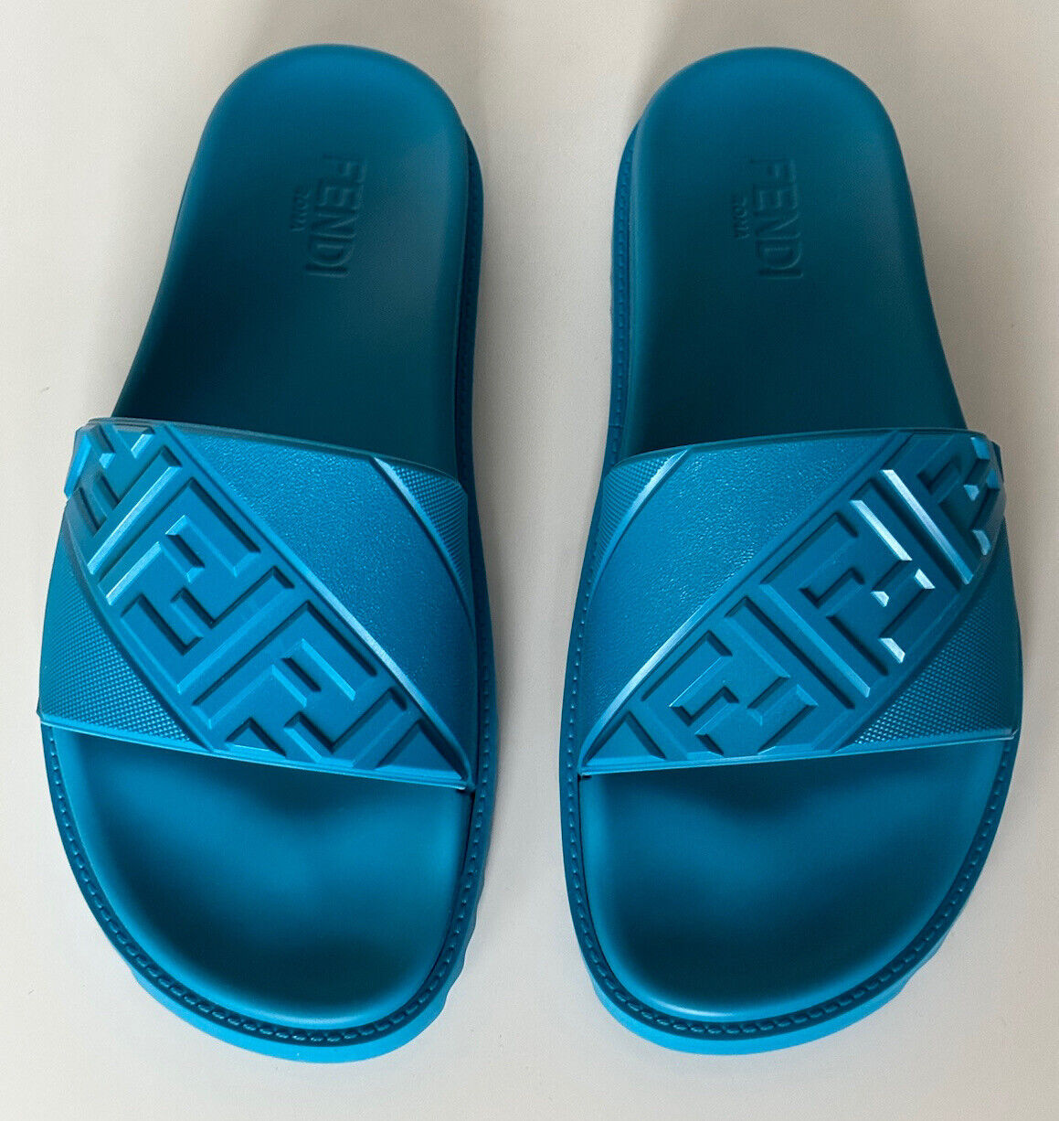 NIB $460 Fendi Men's FF Rubber Slide Sandals Cyber Blue 10 US/9 UK Italy 7X1377