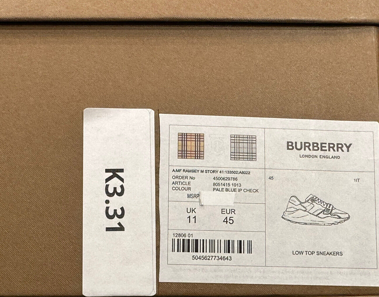 NIB $790 Burberry Men's Ramsey Pale Blue Sneakers 12 US (45 Euro) 8051415 IT