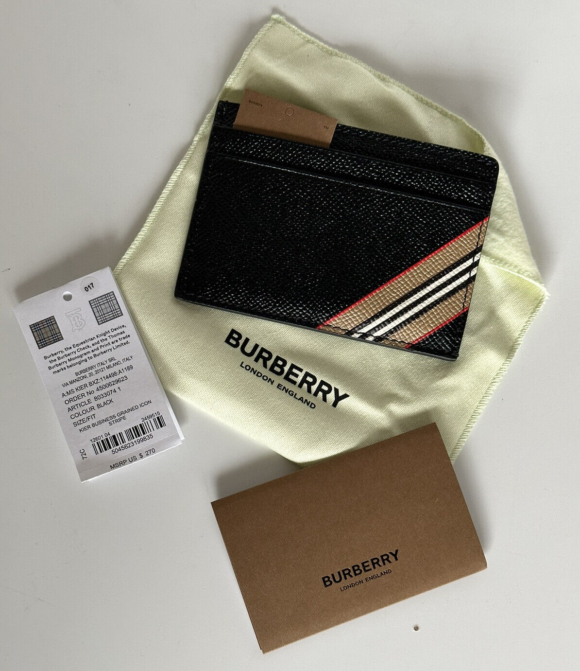 Neu mit Etikett: 270 $ Burberry Icon Stripe genarbtes Leder Kartenetui in Schwarz 8033074 ITALIEN 