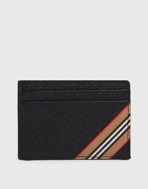 Neu mit Etikett: 270 $ Burberry Icon Stripe genarbtes Leder Kartenetui in Schwarz 8033074 ITALIEN 