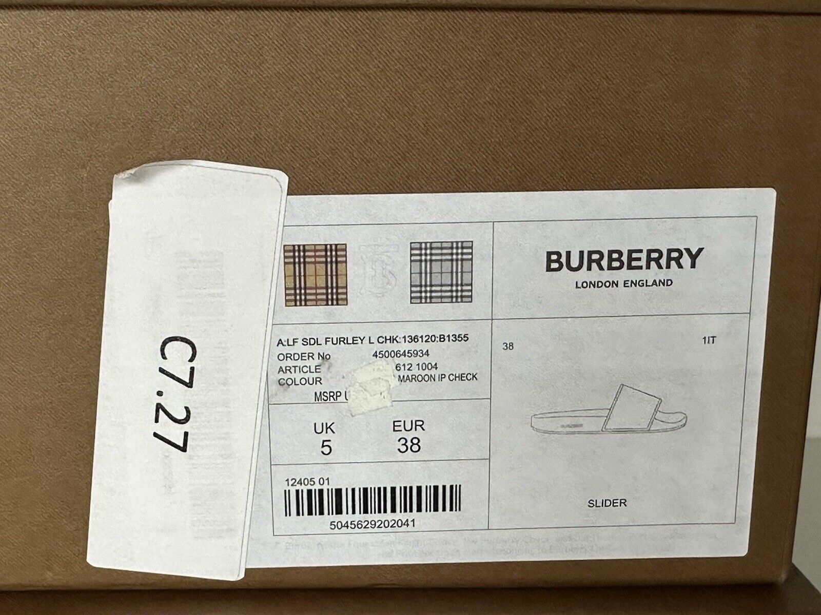 NIB $370 Burberry Women’s Furley Check Maroon Slide Sandals 8 US (38 Eu) 8057612