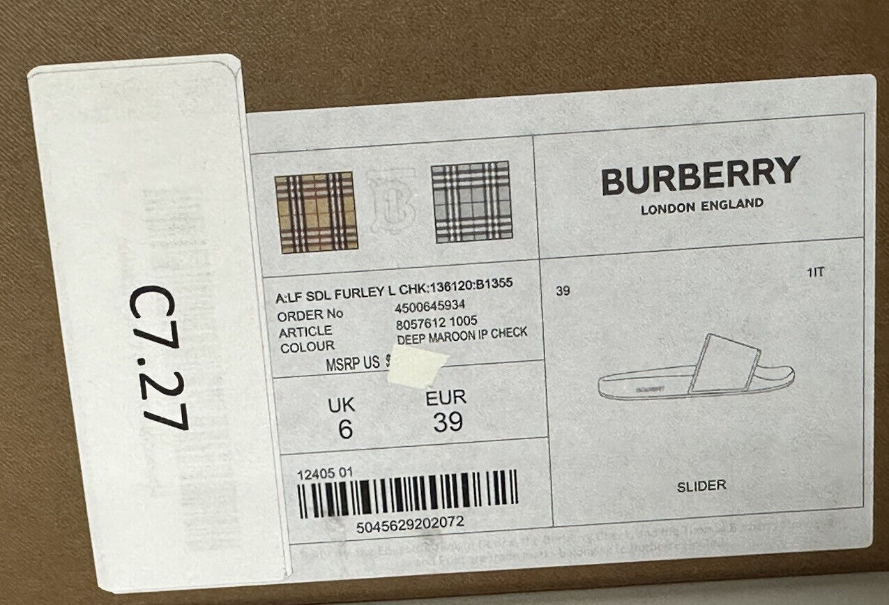 NIB $ 370 Burberry Damen Furley Check Maroon Slide Sandalen 9 US (39 Eu) 8057612 