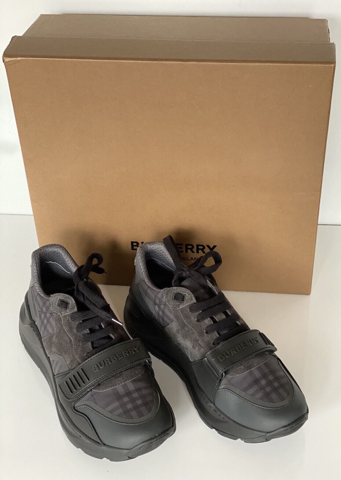 NIB Burberry Ramsey Check Men's Dark Charcoal Sneakers 13 US (46 Eu) 8042200 IT