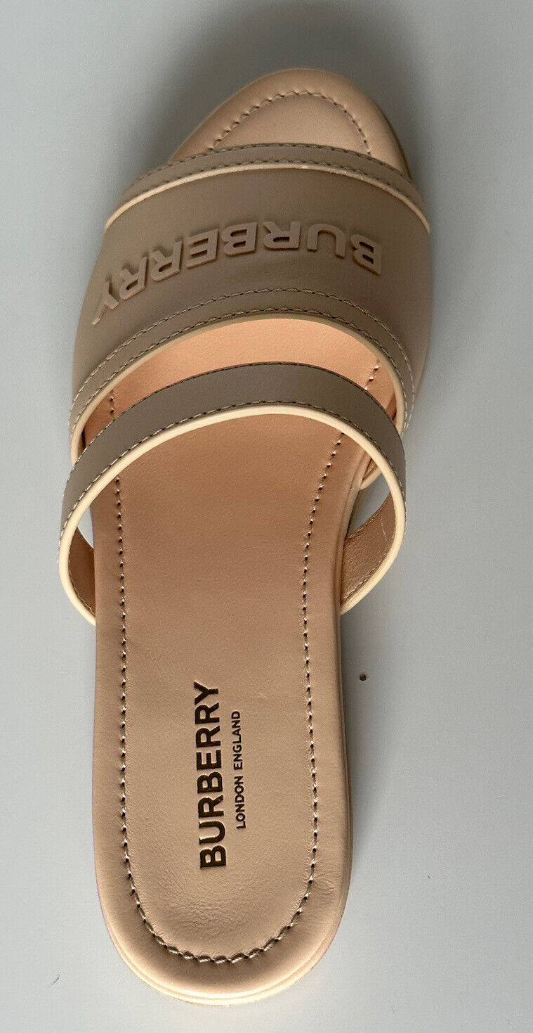 NIB Burberry Open Toe Damen-Sandalen aus pfirsichfarbenem Leder, 7,5 (37,5) 8047843 IT 