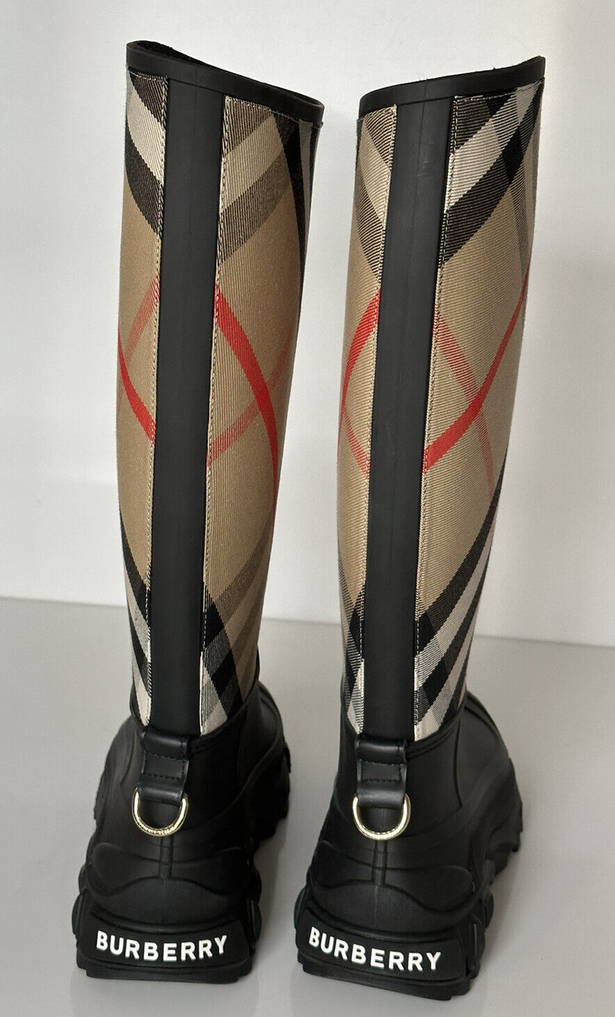 NIB Burberry Rubber Women's Black/Archive Beige Knee Boots 11 US (41) IT 8041960