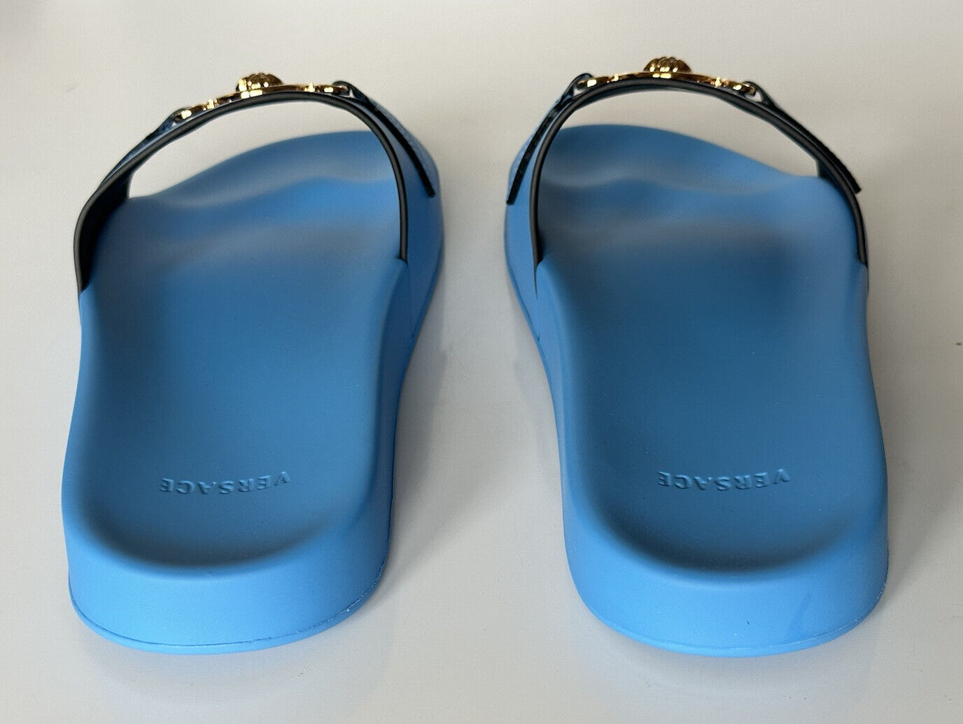 NIB $575 Versace Gold Medusa Leather/Rubber Sandals Blue 9 US (42) 1004983 Italy