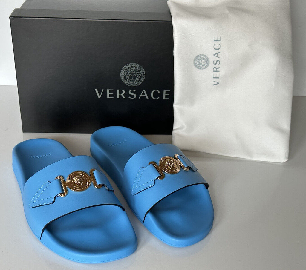 NIB 575 долларов США Versace Gold Medusa Кожаные/резиновые сандалии Синие 10 США (43) 1004983 IT