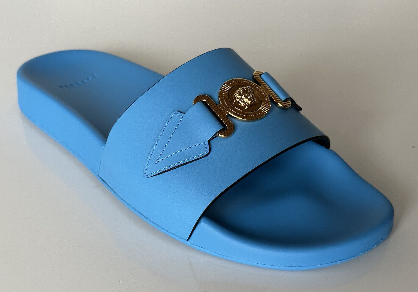 NIB $575 Versace Gold Medusa Leather/Rubber Sandals Blue 11.5 (44.5) 1004983 IT
