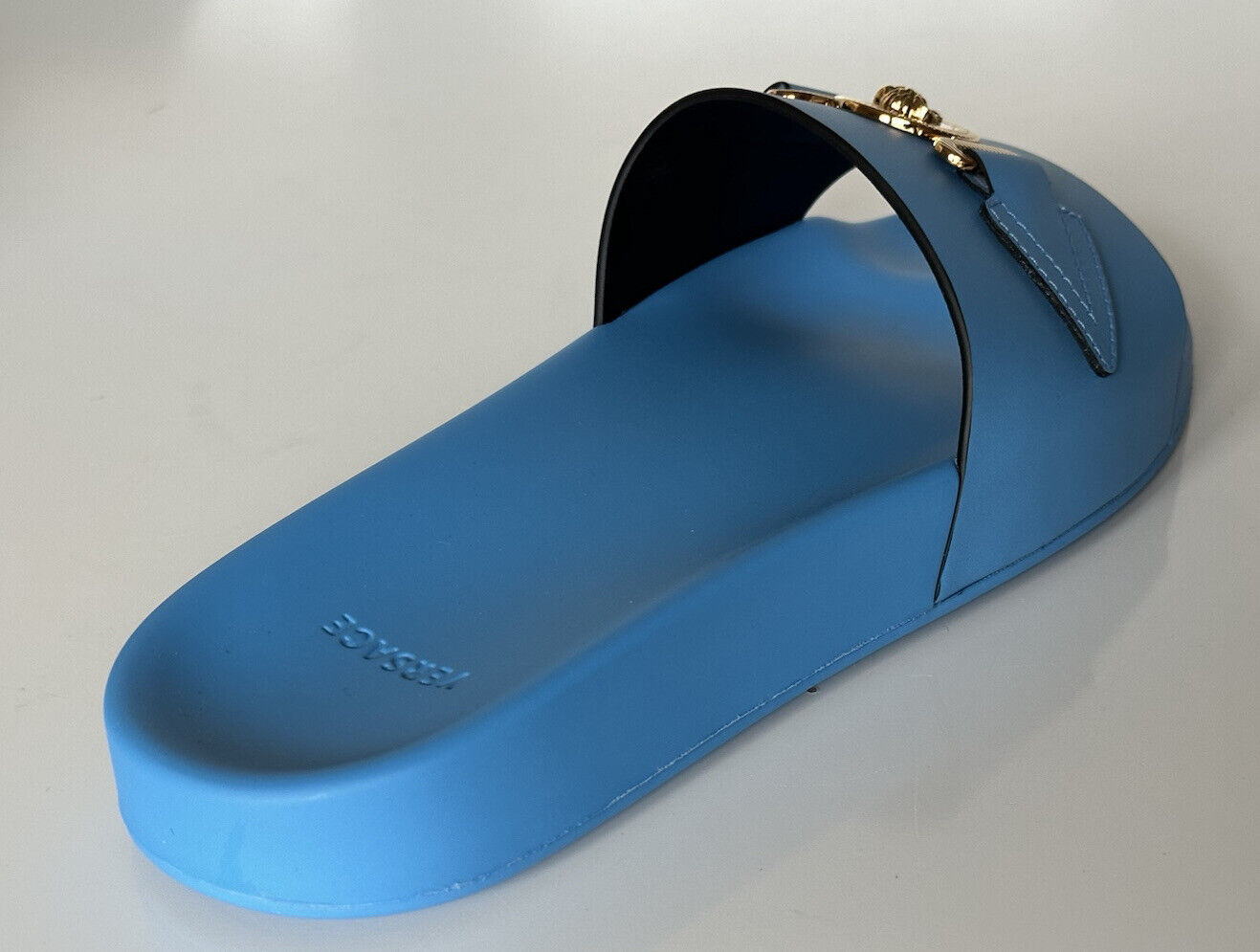 NIB $575 Versace Gold Medusa Leather/Rubber Sandals Blue 11.5 (44.5) 1004983 IT