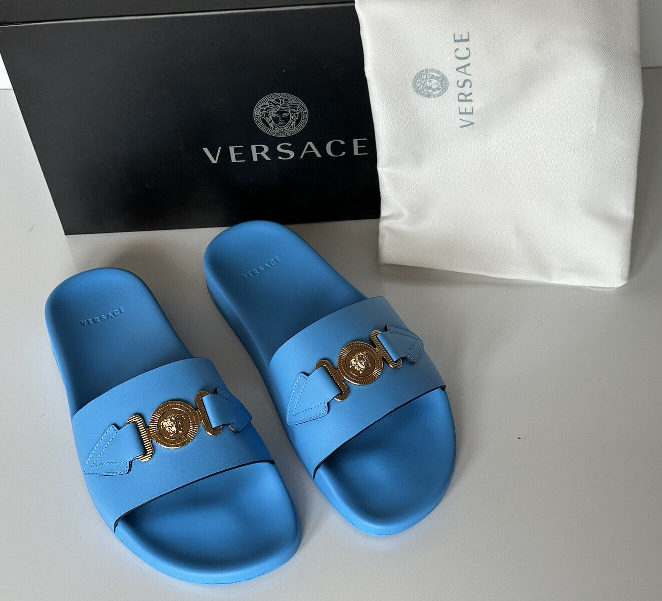 NIB $575 Versace Gold Medusa Leather/Rubber Sandals Blue 11 US (44) 1004983 IT