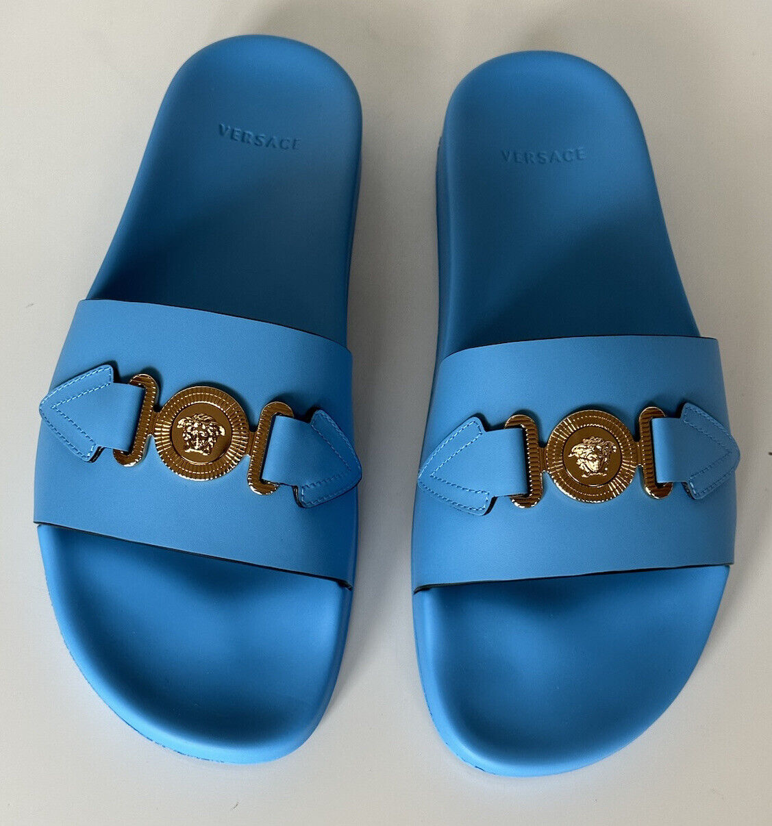 NIB $575 Versace Gold Medusa Leather/Rubber Sandals Blue 11 US (44) 1004983 IT