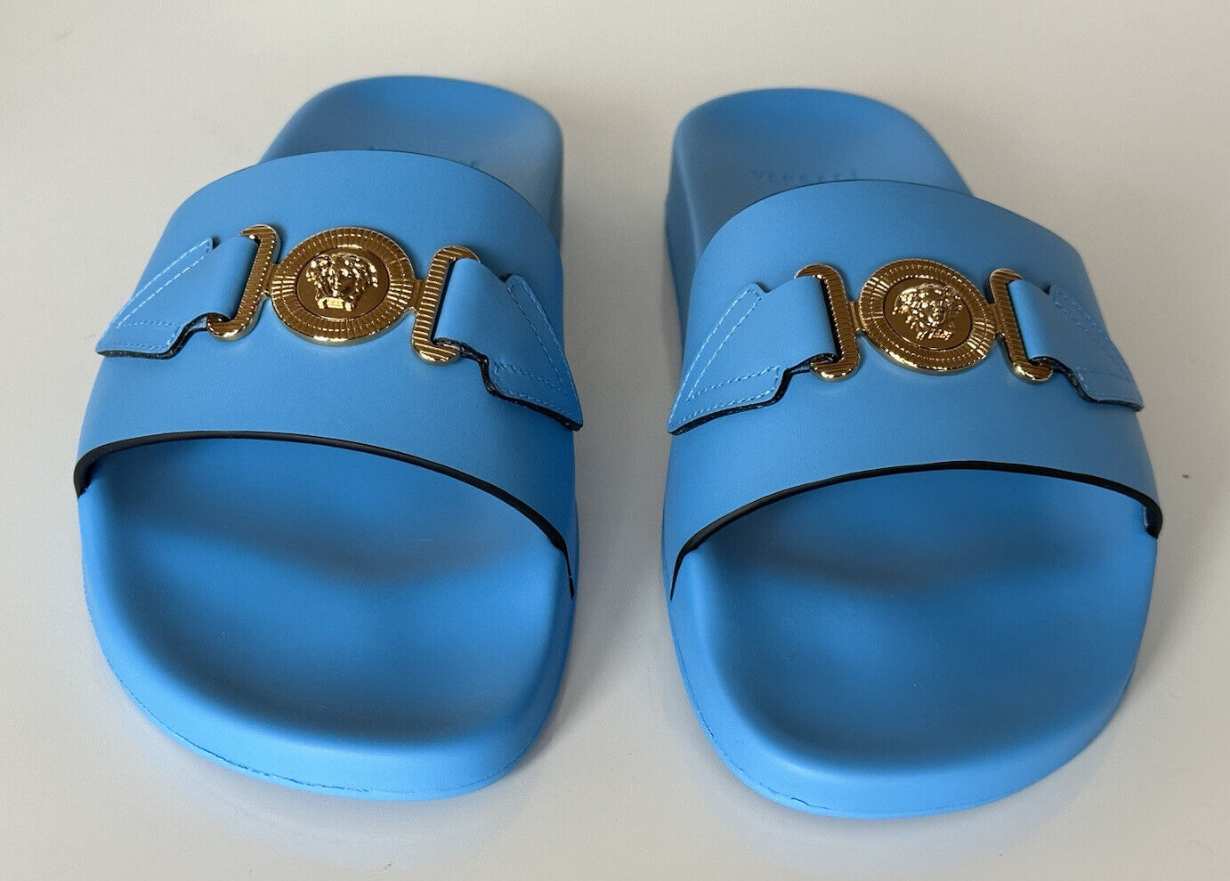 NIB $575 Versace Gold Medusa Leather/Rubber Sandals Blue 11 US (44) 1004983 IT